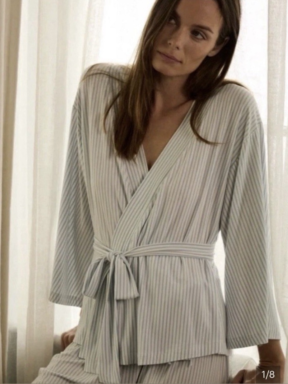 LAKE Pajama DreamModal Kimono Robe Wrap Top Blue and White Striped Medium